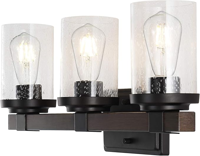 JONATHAN Y 22.75" Oil Rubbed Bronze LED Vanity Light, Rustic Farmhouse Sconce, Clear Seeded Glass Shade, Industrial Wall Lamp for Bathroom Mirror, Kitchen Sink, LED Bulb (JYL7509A)