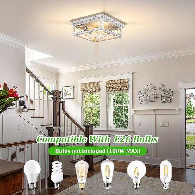 Antique White Hallway Light Fixture, 2-Light Farmhouse Flush Mount Ceiling Lighting, 1-Pack Metal Kitchen Lighting Fixture, Square Close to Ceiling Lamp for Bedroom Living Room Entryway