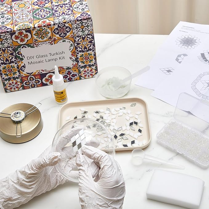 Baquler Turkish Mosaic Lamp Kit DIY Stained Glass Decorative Table Bedside Night Light Tabletop Bohemian Moroccan Lamp Craft Kit for Living Room Decorations (White)