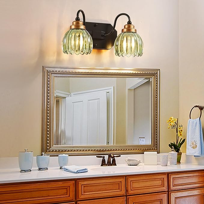 Vintage Bathroom Vanity Light, 2 Light Bathroom Lighting Fixtures Over Mirror, Mid Century Style Farmhouse Light Fixtures with Green Glass Shades, Black Finish Wall Mount for Bedroom , Living Room