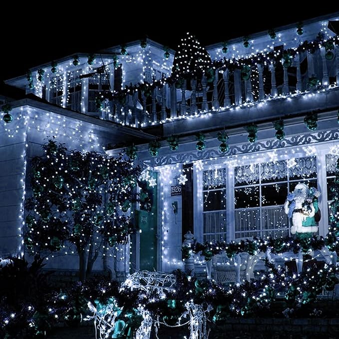 TW SHINE White Christmas Lights, Total 400 LED 132FT Outdoor Christmas Lights Plug in with 8 Modes, Waterproof Light Outdoor Green Wire, Indoor Xmas Decorations for Party Yard House Decor