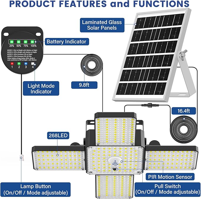 Solar Shed Light Indoor Outdoor, 2000LM 268LED Solar Pendant Light with Motion Sensor, Day & Night Available, 4 Lighting Modes, Battery/Mode Indicator, IP65 Waterproof for Shed Garage Gazebo Barn
