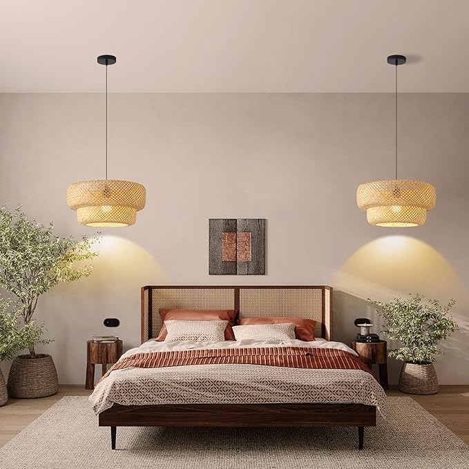 Bamboo Pendant Light Boho Rattan Hanging Light 17.7" Hand Woven Wicker Chandelier for Kitchen Island for Kitchen Island Dining Bedroom Living Room Restaurants