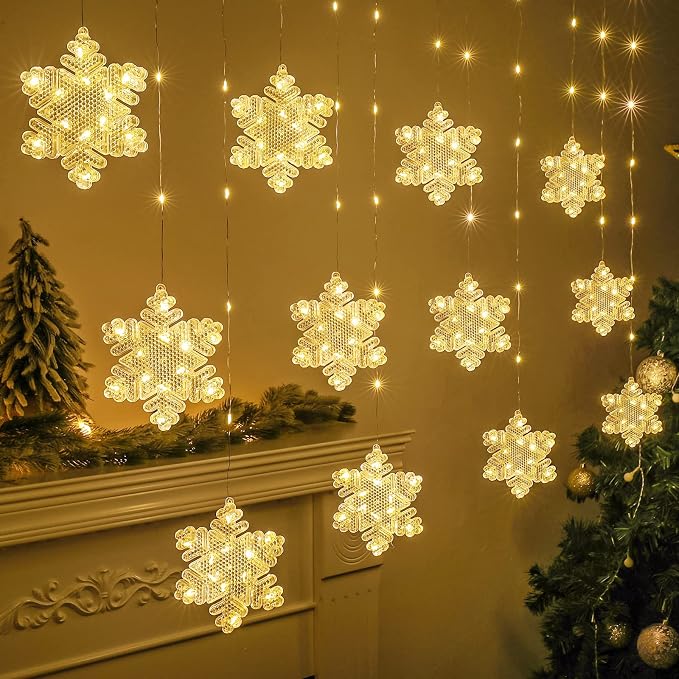 BLOOMWIN Window Lights Christmas Decor 10ft 12 Snowflakes Icicle Lights USB Christmas Curtain Lights for Bedroom Indoor Wall Winter Decorations for Home Church Wedding Birthday, 8 Modes, Warm White