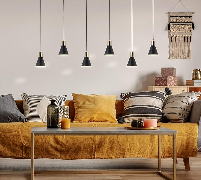 JONATHAN Y 33.5" Black/Brass Gold Apollo Mid-Century Modern Iron LED Pendant, Black Metal Shade, Adjustable Hanging Ceiling Light for Kitchen Island, Hallway, LED Bulb Included (JYL6134A)
