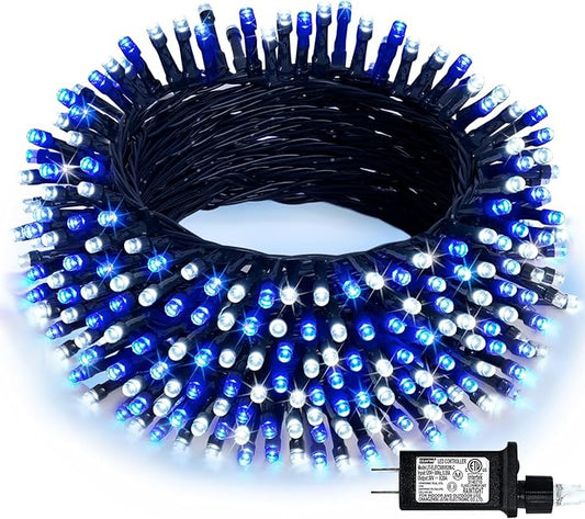 JMEXSUSS 66ft 200 LED Blue and White Outdoor Christmas String Lights, Expandable for Tree, Party, Home Decorations