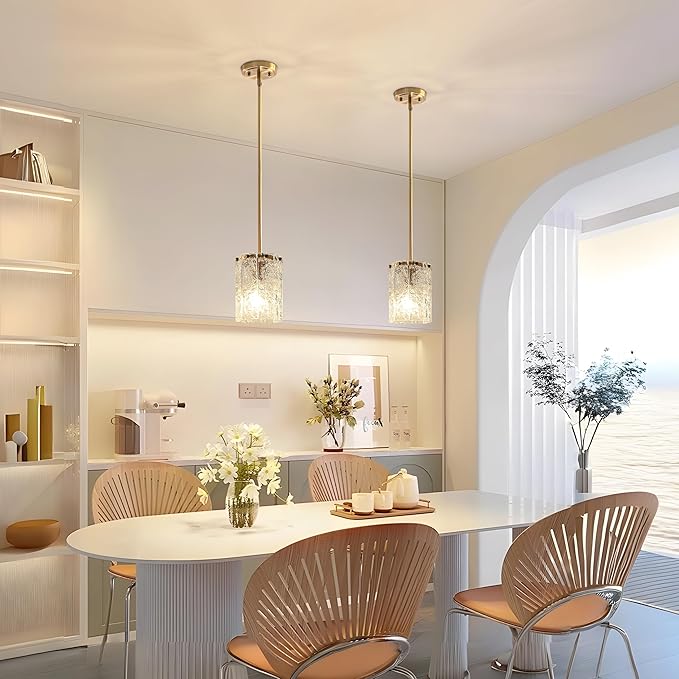 Modern Gold Pendant Light, Round Handmade Glass Kitchen Island Lighting, Mini Brushed Brass Cylinder Hanging Light Fixture for Dining Room Bedroom Hallway