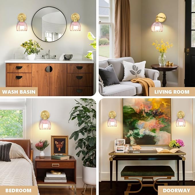 Vintage Battery Operated Wall Sconce, Pink Tulip Glass Lampshade Wireless Rechargeable Battery Powered LED Wall Light with Remote Dimmable for Bedside Bedroom Doorway Living Room, Set of 2