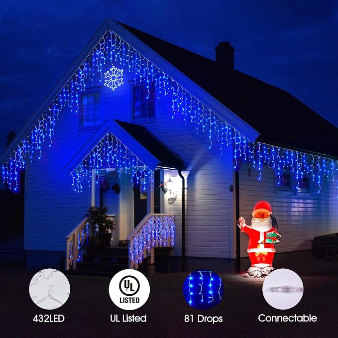 WBao Icicle Lights Outdoor, 432 LED 33FT Christmas Lights With 81 Drops, Remote Control, 3 Timer Settings, 8 Modes, Waterproof, Connectable for Wedding, Holiday Eaves Decor, Blue