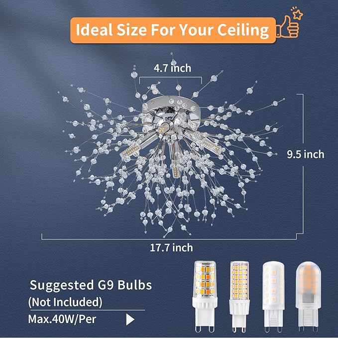 Modern Small Crystal Ceiling Light Fixture, 4-Light Chrome Crystal Sputnik Firework Chandelier, Semi Flush Mount Ceiling Light Fixtures for Bedroom Kitchen Hallway Entryway Bathroom(H9.5'' x W17.7'')