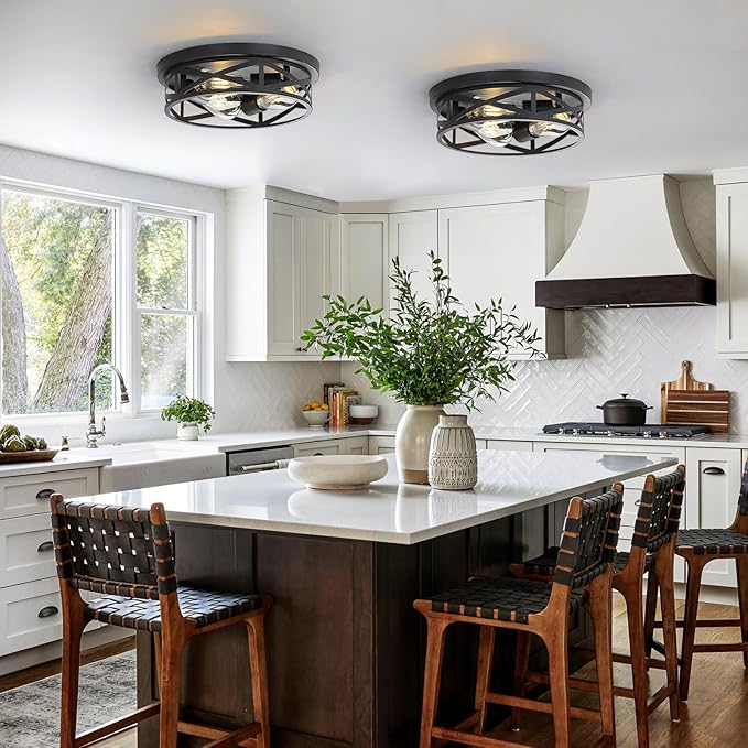 13 Inch Black Farmhouse Close to Ceiling Lights, Farmhouse Metal Cage Flush Mount Ceiling Light 3-Lights, Black Industrial Semi Flush Mount Ceiling Light for House Hallway Kitchen Bedroom