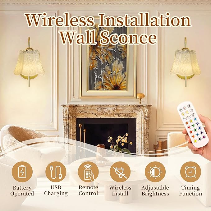 Wireless Wall Sconce with Flower lampshade, Battery Operated Wall Lights,Wall lamp with 15 Colors for Bedroom Living Room Home Decor (White Flower, 2 Light Battery Operated)