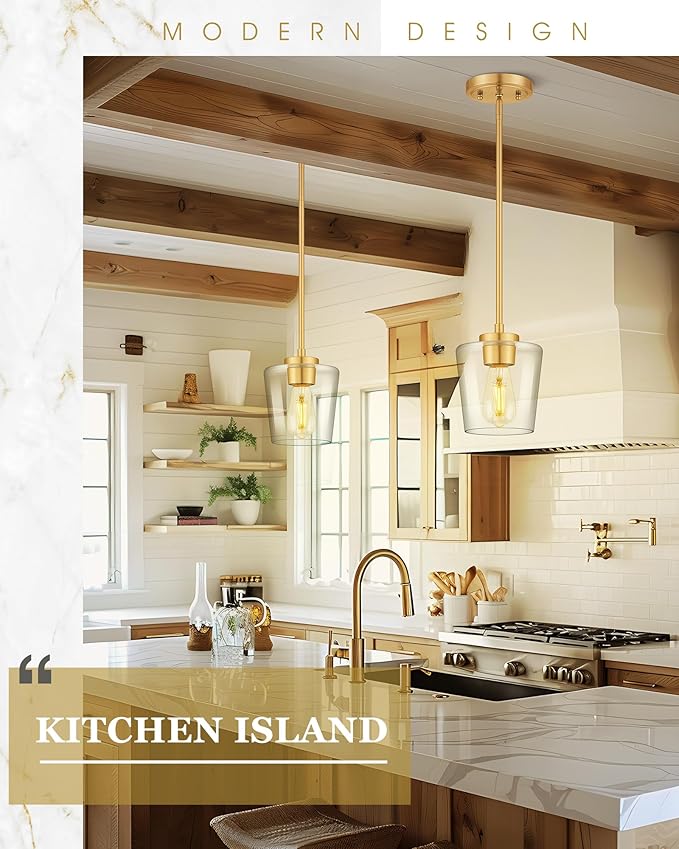 Pendant Lights Kitchen Island 2 Pack, 6" Brushed Gold Hanging Lights Fixtures with Clear Glass Shade, Modern Brass Kitchen Pendant Lighting Over Island for Dining Room, AD-22004-1P2-GD-C