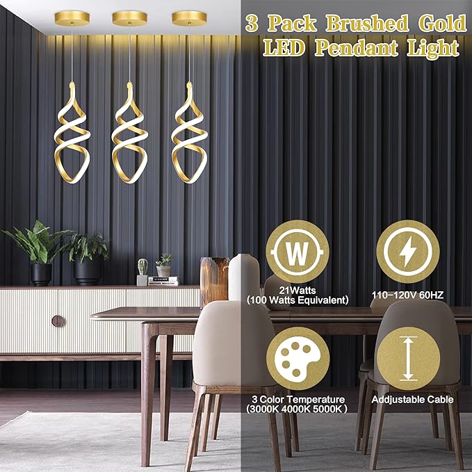 Pendant Lights,3 Pack Brushed Gold Pendant Lighting for Kitchen Island,LED Pendant Lights 3 Color Temperature,Modern Pendant Light Fixtures,Gold Brass Pendant Lighting,Dimmable Spiral Ceiling Light