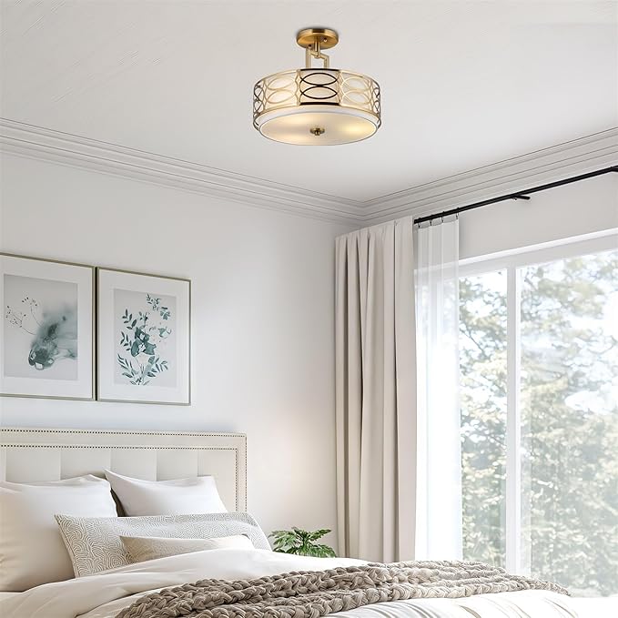 Kira Home Sienna 15" Modern Lattice Drum Gold Semi-Flush Mount, 3-Light Gold Ceiling Light with White Linen Shade & Glass Diffuser, Cool Brass Finish