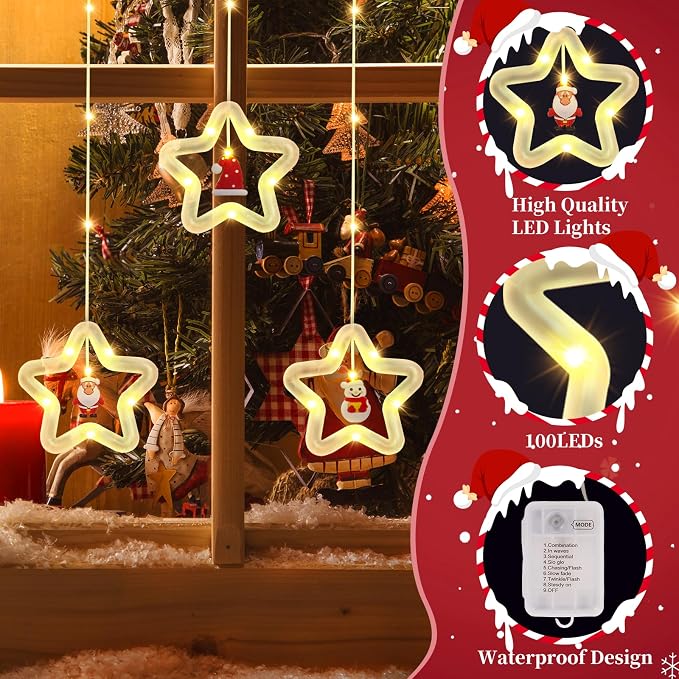 Christmas Star Curtain Lights, Christmas Window Lights Decor with Remote,8 Lighting Modes, IP65 Waterproof, 10 Hooks Christmas Decorations Indoor Outdoor for Bedroom Party Wall Door Window