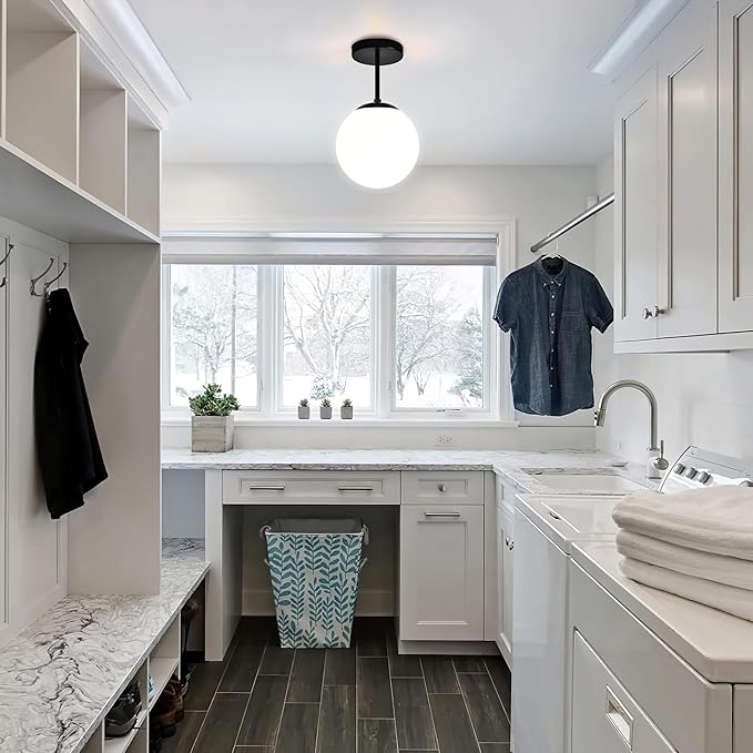 Globe Semi Flush Mount Ceiling Light, Mid Century Modern Light Fixture Ceiling, Milk Glass with Matte Black Finish, Living Room Kitchen Bedroom Hallway Storage Schoolhouse Laundry(LED Bulb Incl.)