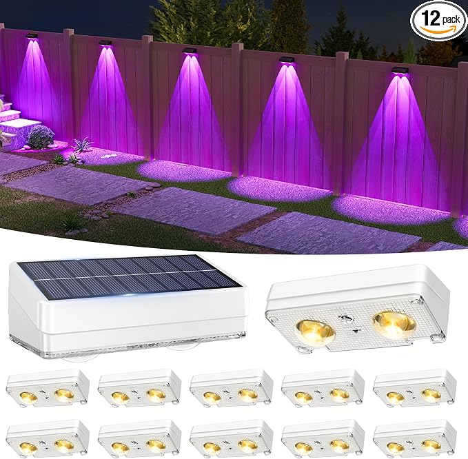 VOLISUN Solar Fence Lights Outdoor 12 Pack, 10 Colors ＆ Color Changing Fence Lights Solar Powered, IP65 Waterproof Solar Lights for Fence, Garden, Patio, Backyard, Railing, Deck, Wall, Pool（White）