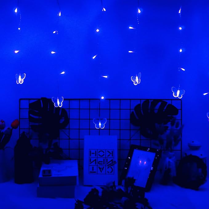 Butterfly Curtain Fairy Lights USB Plug in,8 Modes 120 LED 19.7FT Firefly Twinkle Timer String Lights with Remote, Waterproof Copper Wire for Bedroom Patio Christmas Wedding Party Dorm (Blue)