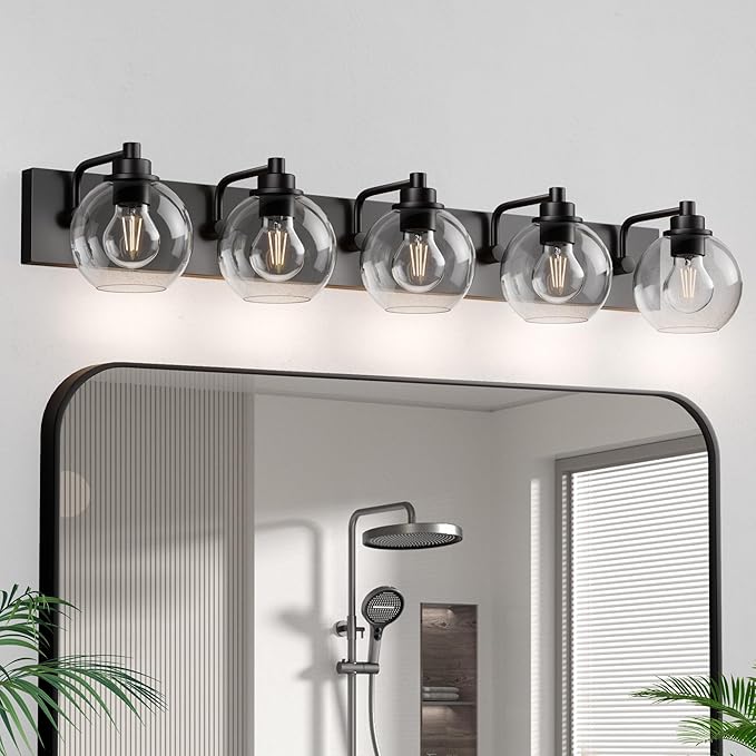Espird 5 Light Bathroom Light Fixtures-Matte Black Bathroom Vanity Lights, Modern Vanity Lights 5-Light Bathroom Lighting Fixtures Over Mirror with Clear Glass Globe Shade