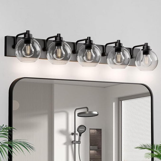 Espird 5 Light Bathroom Light Fixtures-Matte Black Bathroom Vanity Lights, Modern Vanity Lights 5-Light Bathroom Lighting Fixtures Over Mirror with Clear Glass Globe Shade