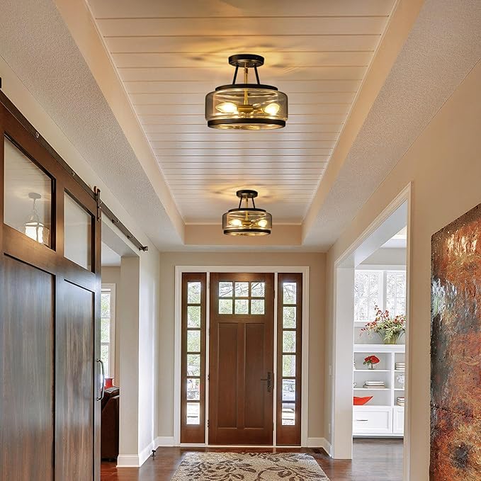 Black Gold Semi Flush Mount Ceiling Light, 3-Light Modern Industrial Drum Light Fixture with Clear Glass Shade, 12" Farmhouse Close to Ceiling Lamp for Hallway, Bedroom, Entryway, Kitchen, E12 Base