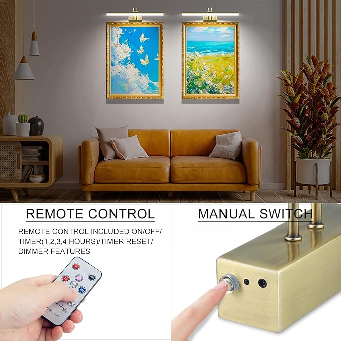 Picture Light, Picture Lights for Wall Cordless, 16inch Picture Lights with Timer and Dimmable, 5000mAh Battery Wall Lights for Display Gallery Painting Art Frame Portrait - Antique Brass 2 Colors