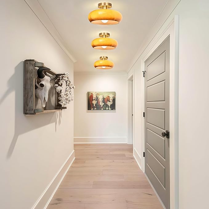 Semi Flush Mount Ceiling Light,11inch Mid Century Modern Light Fixture,Hallway Lighting Fixture with Burnt Orange Glass Shade,Vintage Ceiling Lamp for Kitchen,Porch,Entryway,Closet,Bedroom