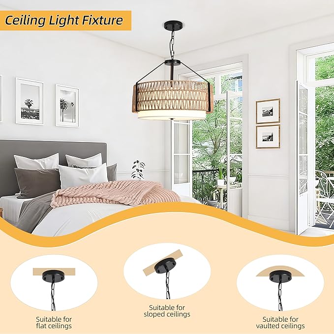 4-Light Boho Light Fixtures 19.7" Rattan Pendant Light Rustic Farmhouse Chandelier for Dining Flush Mount Ceiling Hanging Light Fixture for Hallway Entryway Kitchen Island