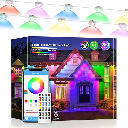 Permanent Outdoor Lights 250ft RGB+IC Outdoor String Lights App Control IP67 Waterproof,100 Scene Modes Decorations for Home,Christmas,Halloween,Holiday, Daily,Birthday Decor