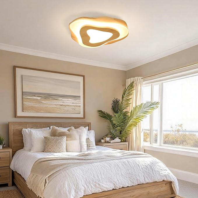 Littleglovo 15.7" Modern Flush Mount LED Chandelier for Dining Room, Dimmable Natural Wood Petal Energy Chandeliers Ceiling Light for Entryway Bedroom Foyer Kitchen Living Room Bathroom