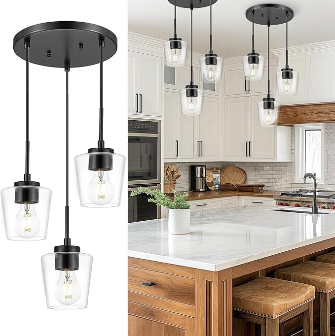 3-Light Pendant Light Fixtures, Matte Black Cluster Dining Room Light Fixture Over Table, Adjustable Kitchen Island Lighting with Clear Glass, Farmhouse Hanging Light, AD-22004-3P-BK-C