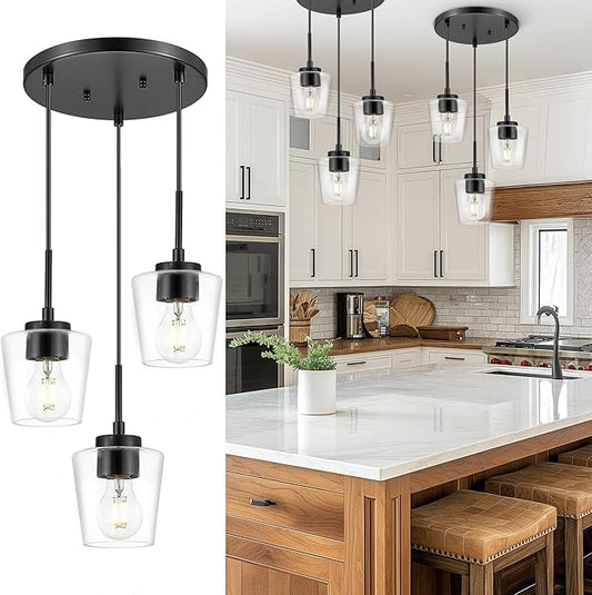3-Light Pendant Light Fixtures, Matte Black Cluster Dining Room Light Fixture Over Table, Adjustable Kitchen Island Lighting with Clear Glass, Farmhouse Hanging Light, AD-22004-3P-BK-C