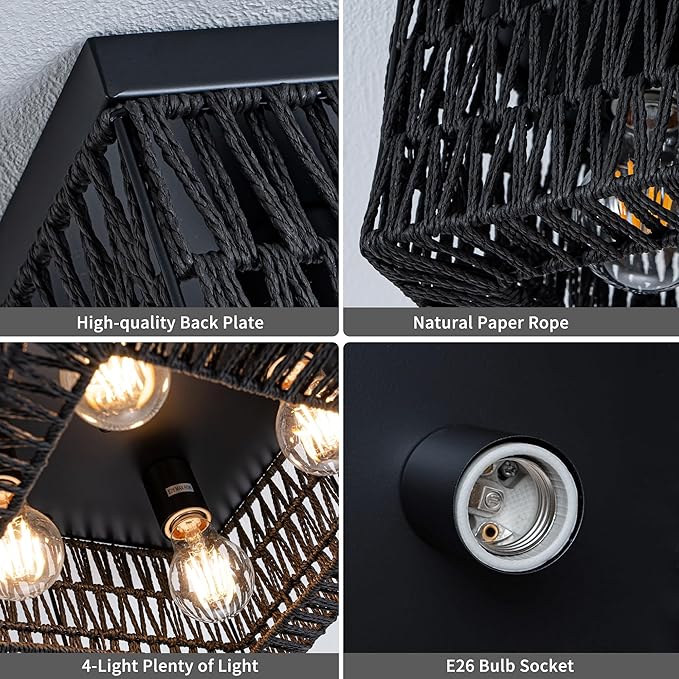 Black Rattan Ceiling Light, 4-Light Boho Light Fixture, Square Flush Mount Ceiling Light for Bedroom, Hallway, Entryway, Kitchen, Living Room