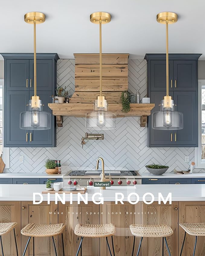2 Pack Pendant Lights Kitchen Island, Brushed Gold Pendant Light Fixtures Over Island with Clear Glass Shade, 6" Modern Brass Kitchen Island Lighting for Dining Room Entryway, PL124-BG-G-2PK