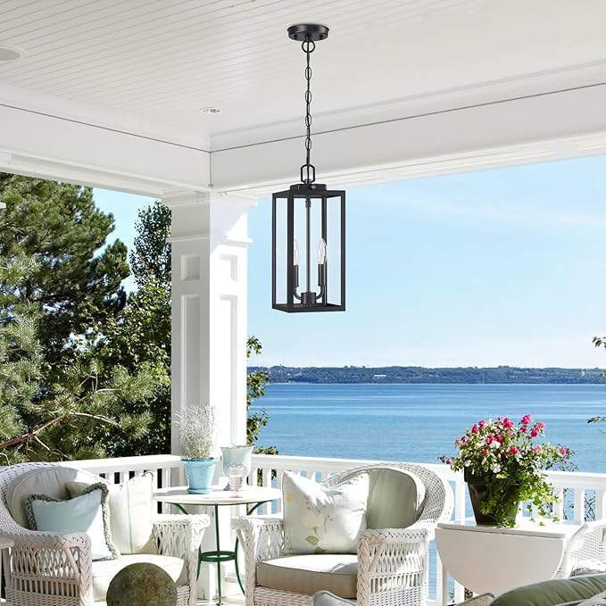 Large Outdoor Pendant Light 2-Light, 15'' Dusk to Dawn Modern Black Metal Outside Chandelier Exterior Hanging Fixture Ceiling Mount with Clear Glass for Front Porch Entrance Foyer Entryway, 1 Pack