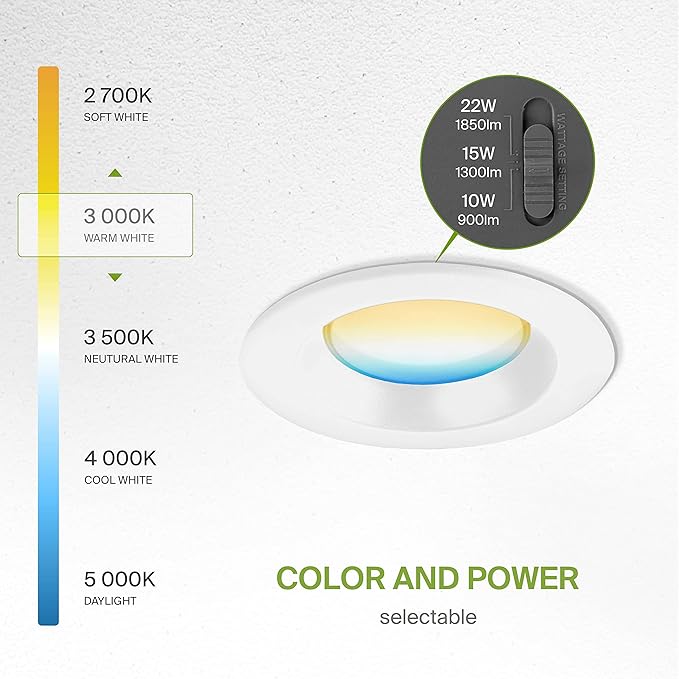 ASD 6 Inch Commercial Canless LED Downlight, Power Adjustable 10/15/22W Lighting, Dimmable Recessed Ceiling Light Fixture, 5 Color Temperatures 2700K-5000K, 120-277V IC Rated UL & Energy Star 8 Pack