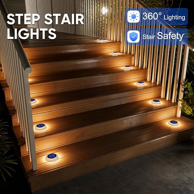 Solar Step Lights Outdoor Waterproof Stick on Boat Dock Flat Deck Stair Lights Solar Powered for Outside Patio Driveway Marker Concrete Ground Walkways Sidewalk Pathway Auto On/Off (Warm White 4 Pack)