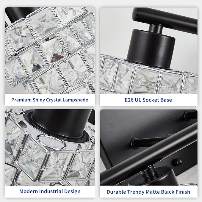 4 Lights Bathroom Vanity Light, Crystal Bathroom Light Fixture Over Mirror, Matte Black & Crystal Indoor Wall Lights | Chrome Glass Modern Lampshade for Sink, Mirror & Foyer Corridor