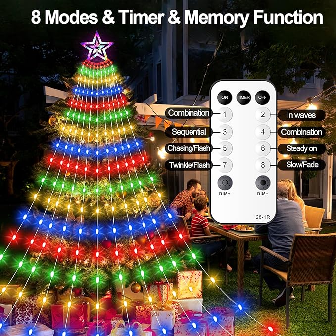 Christmas Decorations Star Lights Outdoor, 26.5ft 11 Strand 906 LED Waterfall Tree Lights with 8 Modes Timer Remote Plug in Christmas Lights for Indoor Yard Patio Home Holiday Party Decor, Multicolor