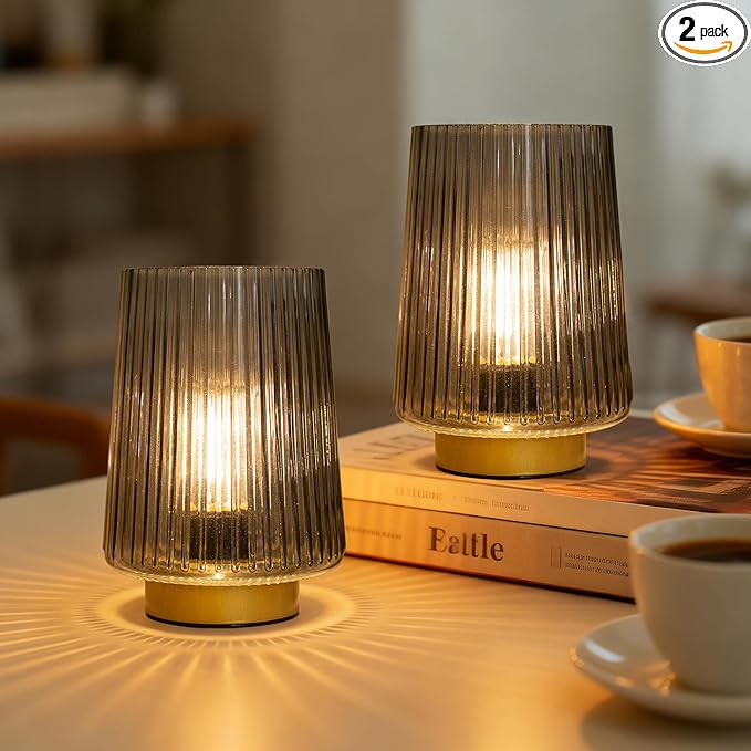 LUSHARBOR Battery Powered Lamp with Timer, Cordless Small Table Lamps Battery Operated with LED Bulb, Decorative Bedside Lamp for Living Room Grey 2Pack