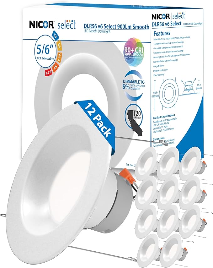 Recessed Ceiling Lights LED Downlight - Dimmable 5/6 inch LED Recessed Light Fixtures - Selectable CCT 2700K-5000K, 918 Lumens, 10.3W - DLR56 Retrofit Ceiling Light, White, 12-Pk by NICOR Lighting