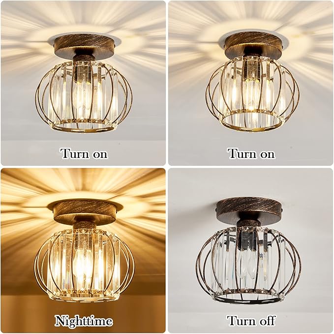 YYJLX Semi Flush Mount Ceiling Light Fixture E26 Mini Crystal Chandelier Oil Rubbed Bronze Small Ceiling Lamp for Entryway Bedroom Bathroom Hallway Closet Foyer Light