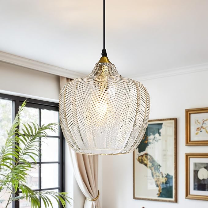 Modern Gold Pendant Light, Clear Glass Farmhouse Kitchen Island Pendant Light Fixture Adjustable Vintage Hanging Ceiling Light for Dining Room Corridor 9.45 inch 1 Pack, UL Certification