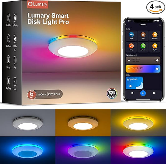 Lumary 5/6 Inch Smart Led Disk Light Pro, Color Changing WiFi Smart Recessed Lighting with RGBAI Ring, Flexible Install Flush Mount Ceiling Light, Compatible with Alexa/Google Assistant, 4Pack