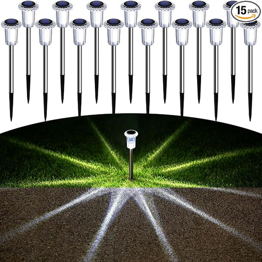 DenicMic Solar Pathway Lights Outdoor Waterproof 6000K Cold White LED Decor | Yard Garden Driveway Walkway Landscape Path Lights Diamond-like Style Starburst Light Pattern, Acrylic/Stainless Steel 15Pack