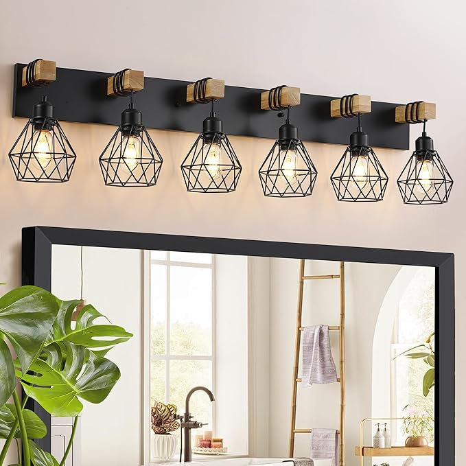 Farmhouse Bathroom Vanity Light Fixtures, 6-Light Wood Bathroom Light Fixtures Over Mirror, Rustic Sconces Wall Lighting with Elegant Metal Lampshade for Living Room, Bedroom, Hallway