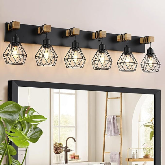 Farmhouse Bathroom Vanity Light Fixtures, 6-Light Wood Bathroom Light Fixtures Over Mirror, Rustic Sconces Wall Lighting with Elegant Metal Lampshade for Living Room, Bedroom, Hallway