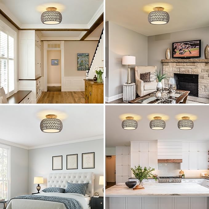 Boho Rattan Ceiling Light Fixture - 3 Style Options Wicker Semi Flush Mount Ceiling Lights,Grey Coastal Light Fixtures,Bohemian Woven Basket Chandelier for Hallway Bedroom Nursery Kitchen Laundry