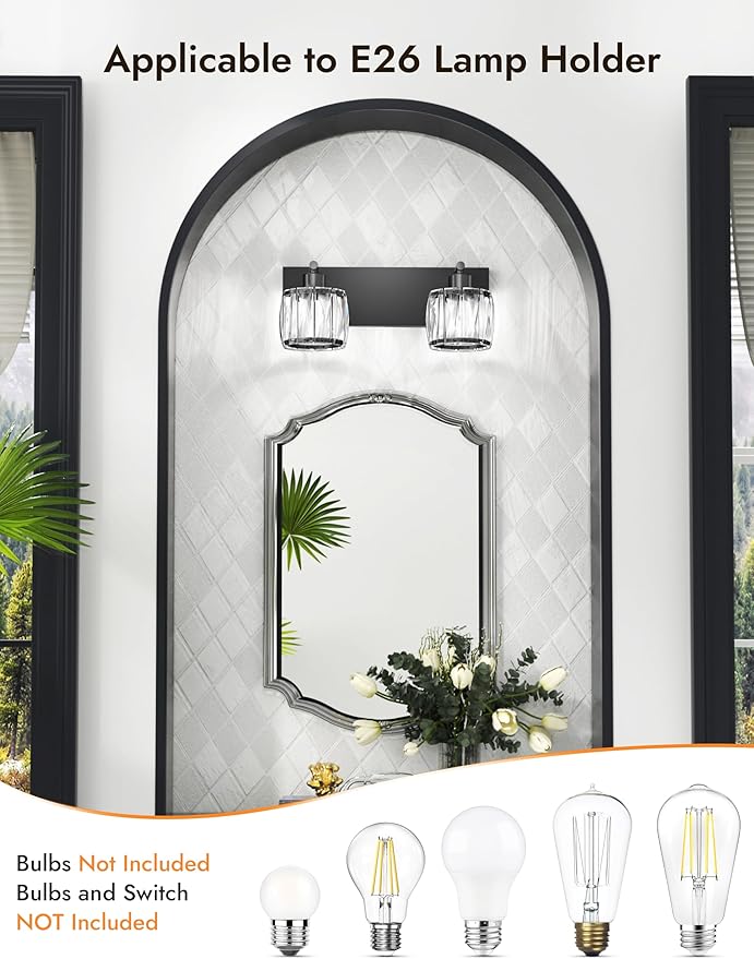 VOLISUN Crystal Vanity Lights for Bathrooms, 2 Light Bathroom Vanity Light, Modern Matte Black Bathroom Light Over Mirror, Black Bathrooms Lights Fixtures-UL Certificated(Exclude Bulb)